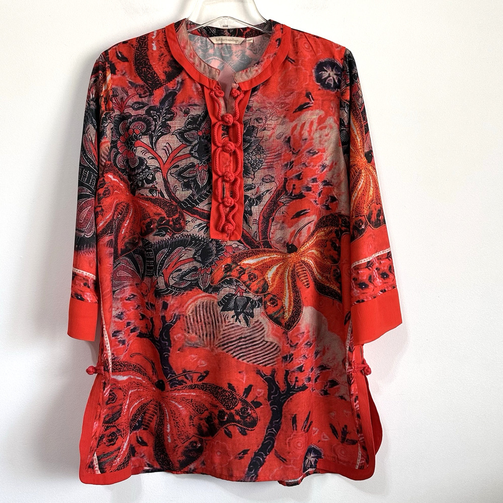 Soft Surroundings Top L Asian Tunic Imperial Collar Butterfly 3/4 Sleeve Red